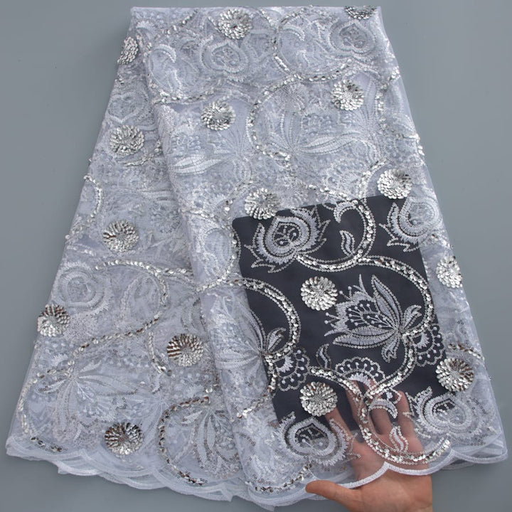 [codex-media-0] African Mesh Lace Fabric, French Net Lace Fabric with Sequins for Sewing Wedding/Party/Prom Dresses image 1