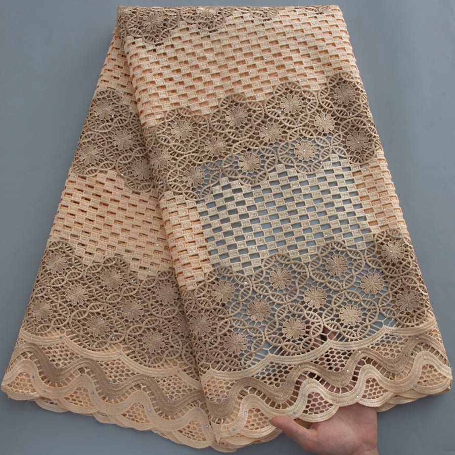 [codex-media-13] Golden Guipure Cord Lace Fabric with Rhinestones | 5 Yards/pc Nigerian Water Soluble Lace Fabric image 14