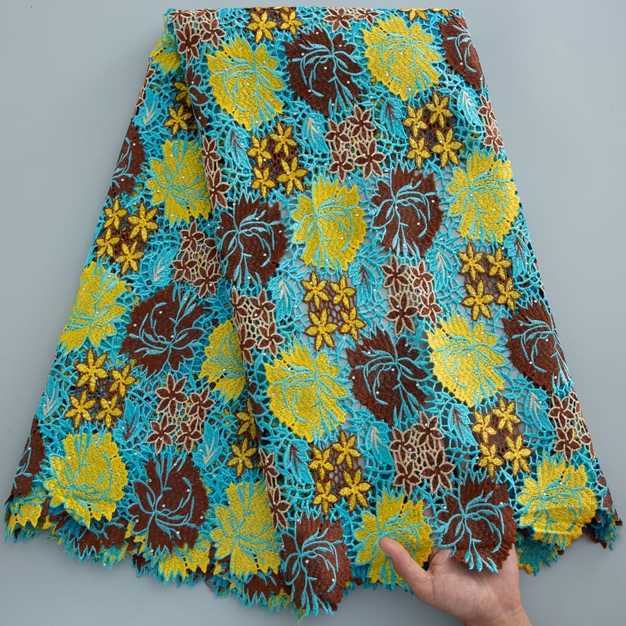 [codex-media-5] Guipure Cord Lace Fabric with Rhinestones | 5 Yards/pc Nigerian Water Soluble Lace Fabric image 6