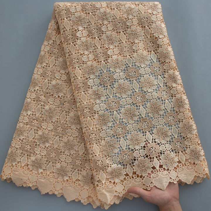 [codex-media-12] Golden Guipure Cord Lace Fabric with Rhinestones | 5 Yards/pc Nigerian Water Soluble Lace Fabric image 13