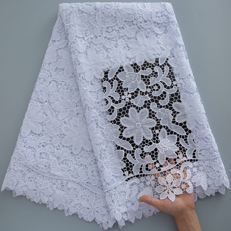 [codex-media-1] Afarican Guipure Cord Lace Fabric with Rhinestones, Nigerian Water Soluble Lace Fabric for Sewing Party Dresses image 2