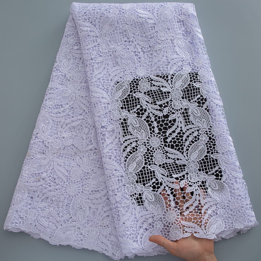 [codex-media-1] Pure African Guipure Cord Lace Fabric with Rhinestones, Nigerian Water Soluble Lace Fabric for Sewing Wedding Party Dresses image 2