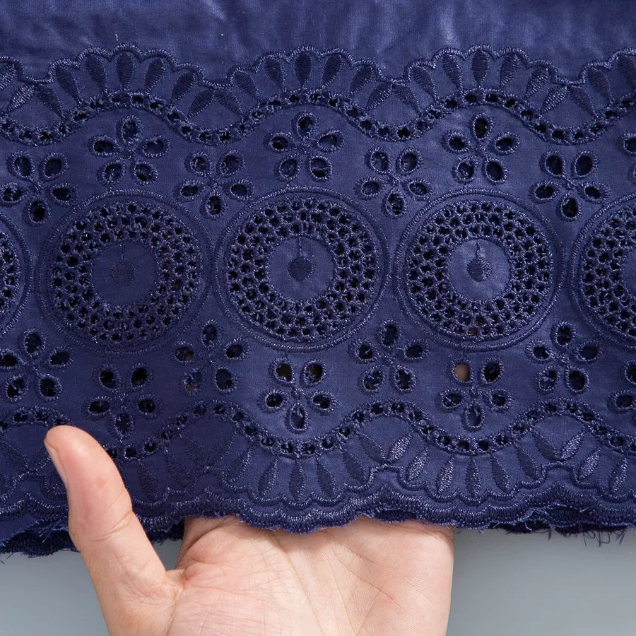 [codex-media-1] Navy Blue Embroidered Eyelet (Circular & Floral Cutout Motifs) Swiss Voile Lace Fabric 5 Yards | 4930 image 2