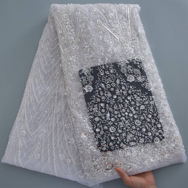 White Lace Fabric with Beads